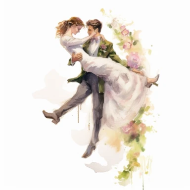 handsome GROOM, carrying his bride over a threshold adorned with flowers, a symbol of their new beginning, watercolor, Pixar style, Clipart on a white background