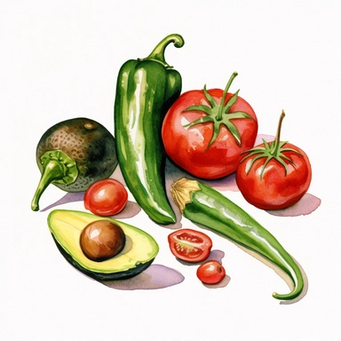 very simple watercolor drawing of tomatoes, avocados, chili peppers, cilantro, and limes, White background, clipart