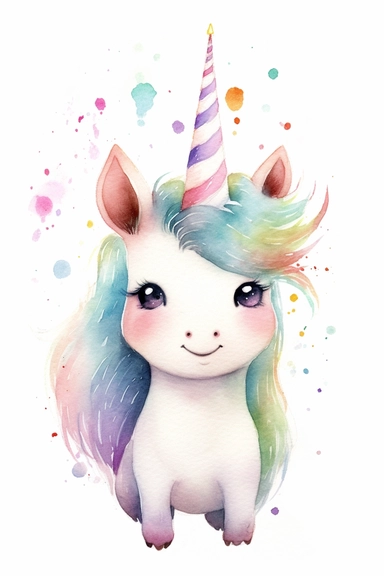 Create a watercolor clipart picture of a happy unicorn hamster with a unicorn horn, white background. The hamster should have a cute and happy expression, with its fur depicted in soft watercolor textures.