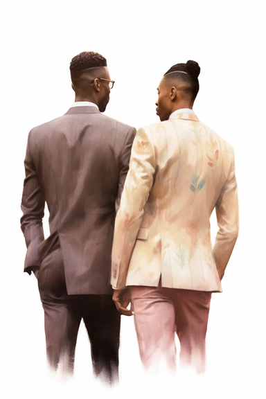 watercolor portrait illustration of dark-skinned groom with dark-skinned best man clipart, view of the back, zoomed in close view, in style of Michiel van Huysum, subtle faded color variations, hyper-detailed hd watercolor clipart, on white background, spaced out