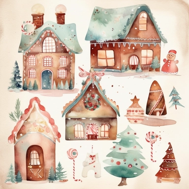 Generate a series of watercolor clipart images inspired by the magic of Christmas. Include elements such as gingerbread houses, reindeer, snowmen, and Christmas trees. The images should have a soft, dreamy quality with clear lines and delicate, watercolor hues. The clipart should be perfect for use in scrapbooking, card-making, and other festive projects.