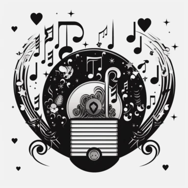 clipart with a beautiful jukebox and hearts in the centre. Beautiful, flat, classic style, black and white, round image border