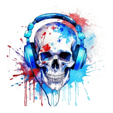 watercolour skull with headphones painting american flag, in the style of digital mixed media, splatter paintings, full body, tattoo, parodic, sentimental realism, ferrania p30, clipart