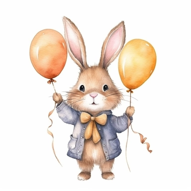 adorable bunny holding balloons, handpaint watercolor, high resolution, cartoon style, watercolor clipart,