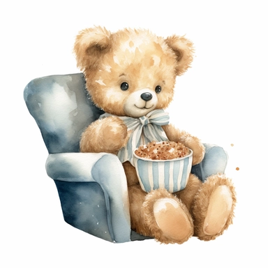 Cute baby teddy bear girl sitting enjoying movie night with popcorn watercolor Clipart