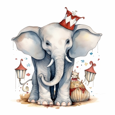 hand drawn Disney’s dumbo the baby elephant, oversized ears, loving his mother, 1920’s circus, glamorous, very detailed and realistic, watercolor, clipart style, white background with margins