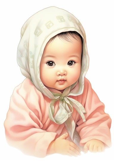 a cute retro vintage Asian infant baby girl . Color pencil sketch, soft baby colors, on a white background for clipart.