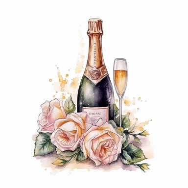 Champagne and Roses, Wedding Clipart, black outline, on a white background, extremely detailed, illustration, digital art, Watercolor