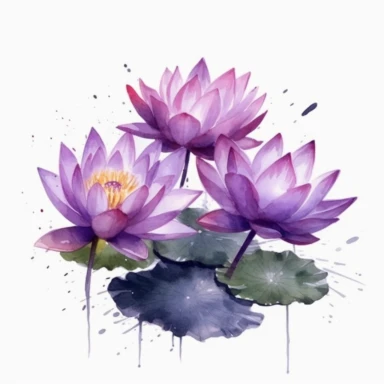 lotus flowers with dark purple blossoms floating on the water artistic watercolor with a delicate touch with shadow gradation white background clipart high quality 8k hyper detailed