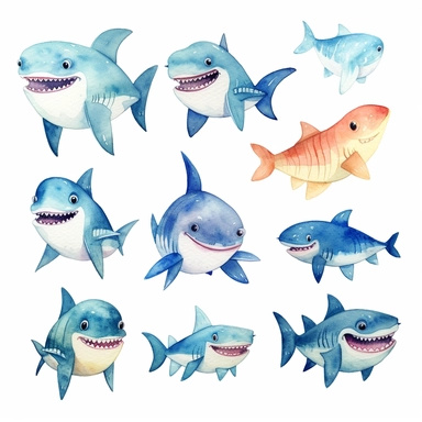 watercolor set of baby shark clipart, white background, HD, Color