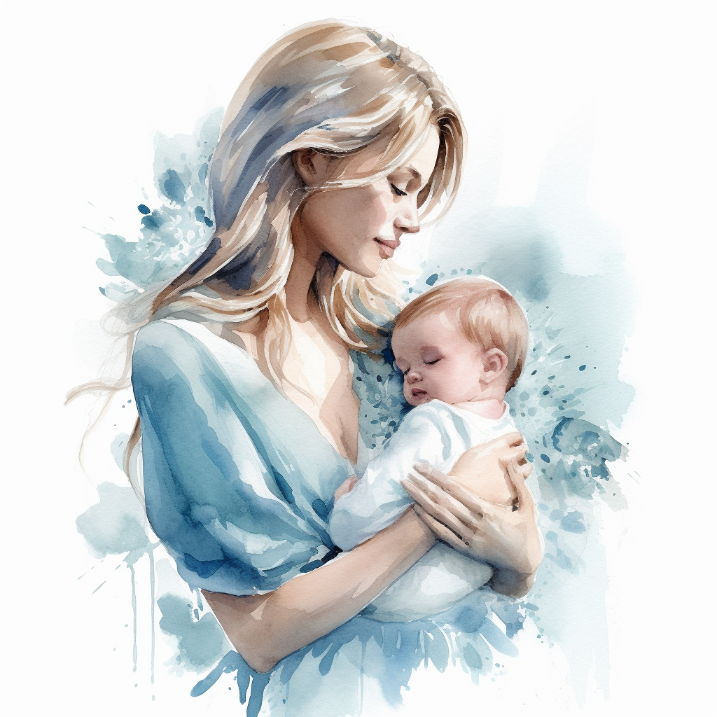 beautiful mom with newborn baby boy, watercolor effect, isolated white ...