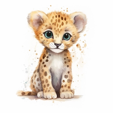 a harmonious baby leopard with kind eyes clipart with watercolor illustration,full body shot,8k,etsy style, white background