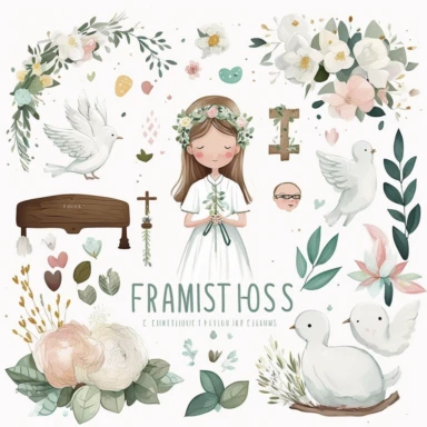 First communion illustrations clipart set, watercolor, white background, simple, soft colors , cartoon elements girl, boy ,holy cross, white doves, tulips, peonies, eucalyptus branches, wooden rosary beads, white flowers