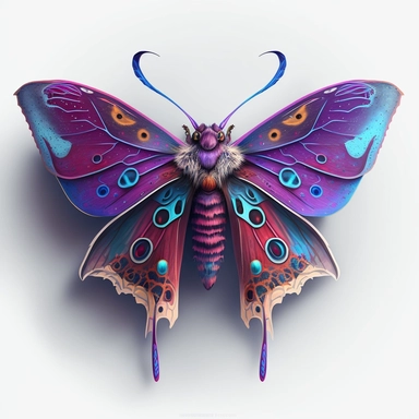 Best Colorful, a Moth Clipart, fantasy Moth Png, exotic moth, vibrant colours, white background, no text, front look, A captivating mystical moth clipart in bold shades of magenta and electric blue, its wings adorned with mystical symbols, creating a stunning contrast against a white background.