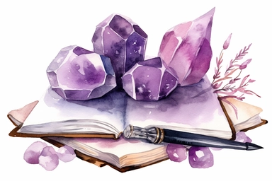 Watercolor Amethyst crystals with open book and calligraphy pen, clipart, hd, white background,