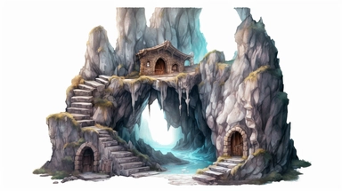 isolated images, illustrations on a white background, cave entrance , serene, dark fantasy ,Clipart, cartoon, realistic, isolated, full building, highly detailed, hdr, 32K, photo expert quality,game asset , hyperrealistic and highly detailed, isolated on a white background