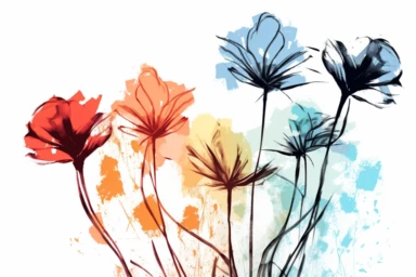 ink drawing four flowers vector clipart, ink style, ink drawing, prominent ink strokes, flat style, free-hand light color brush strokes under ink lines, flowing silhouettes, sparse use of color, prominent line style, white background, spaced out, do not intersect images, spacing between elements, single thickness lines, no shadows, few details, no volume, hand drawn ink drawing, sketchy lines, flowing lines, juxtaposition of lines, comic strip style, cartoonish style, fine lines, delicate curve,