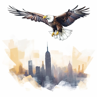 eagle flying, empire state building in the background, clipart, white background