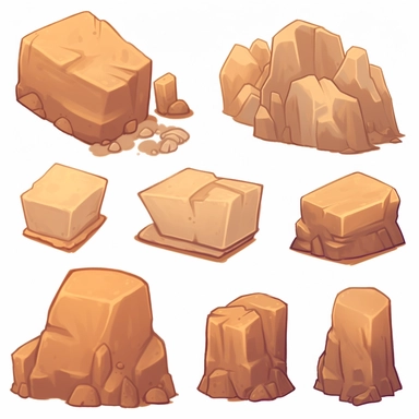 simple desert boulders, video game assets, isometric, top down, isolated figures, hand drawn, level art, low contrast, no borders, soft lightning, smooth edges, atmospheric effects, spatial concept art, muralist, clipart, ps1 graphics, deconstructed objects, 2d, plain background