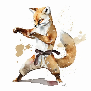 Karate Fox watercolor clip art illustration, white background