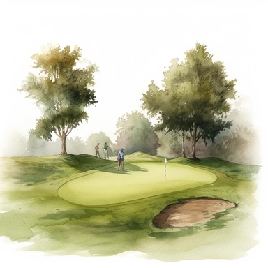 Idyllic watercolor clipart scene of a perfectly manicured putting green with flag and two golfers on a golf course, isolated on a pure white background, insane detail,