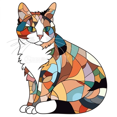 a brightly colored calico cat, Stainglass style white background clipart