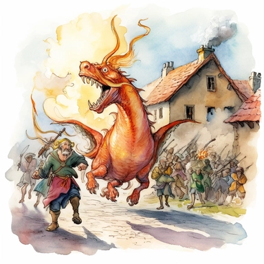 fantasy imagery medieval dragon laughing and breathing fire at peasants who are running away in fear watercolor clipart