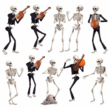 collection halloween dancing skeletons playing violin, clipart, white background
