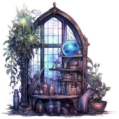 Magical style wizard's magic attic corner with watercolor effect, suitable for digital clipart, full of old magic tools, cabinet full of magical plants, magic glass globe, a gothic style window with night landscape, white background, magical scene, fairy dark colours, green, blue, purple, gothic details