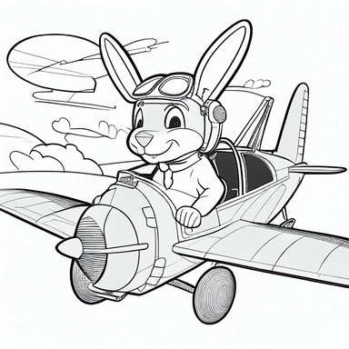 hyper specialyzed coloring page for kids, bugs bunny style pilot rabbit on biplane with clear background, white background, hand drawn line art, clipart, no fill, no dither