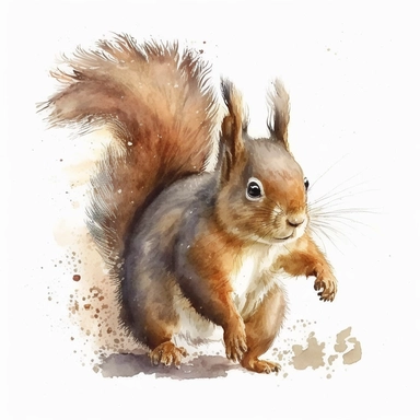 cute squirrel, watercolor clipart, realistic, childlike animal illustration, isolated on white background, Beatrix Potter, clean blended strokes, ginger and dark brown color, running