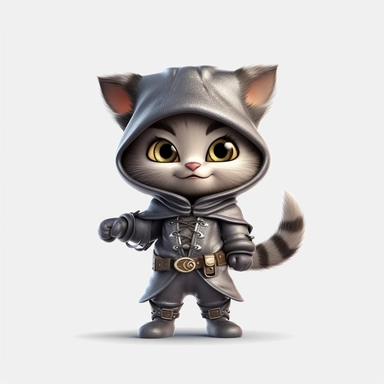 Adorable cute fantasy baby cat dressed like thief standing in dynamic pose,front view,fullbody,sharp through out,happy expression, nursery art, clipart image, lineart image, white background, very detailed, 8k, composition wide shot