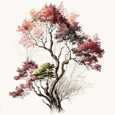 Watercolor, Japanese Maple Trees, old, long branches, Clipart, springtime japanese trees, forest, tall grass, pepples, white background