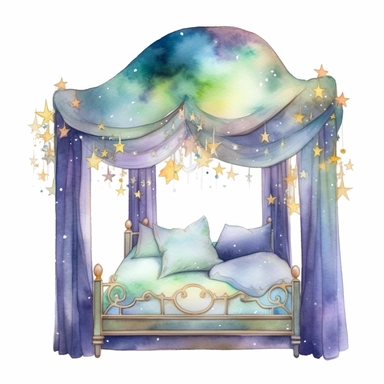 cartoon fairy bed, floating on clouds, glowing lights stars and sparkles, colors of green purple gold and blue, glamorous realistic and detailed, watercolor, white background with margins, clipart style