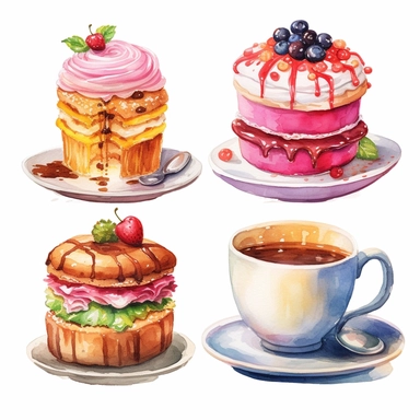 Watercolor style, rainbow colour, cake, pie, coffee, donuts and florals variations, hyper realistic detailed clipart, 4 on a page, on a white background
