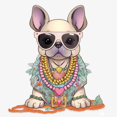 funny kawaii French Bulldog Puppy with Balenciaga sunglasses and cool necklaces,cute illustration, clipart, white backgound, Cuttable Design,full body French Bulldog head using light neutral muted colors, feathers, boho style background, watercolor drawing, incorporating elements like feathers, dreamcatchers, or floral patterns, UHD