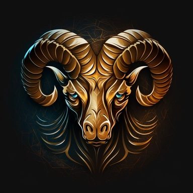 ram head logo clipart, flat logo, clipart logo, crystal style, ram head, angry glowing eyes, sharp shapes, futuristic, big horns, heraldic, logotype, clipart, golden, gold material, front, detailed, dark background, golden chrome, exiting