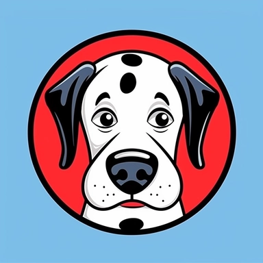 logo, 8K dalmatian, head, facing front, cute, blue eyes, red circle frame, cartoon clipart, vector, bold line, isolated background, high definition