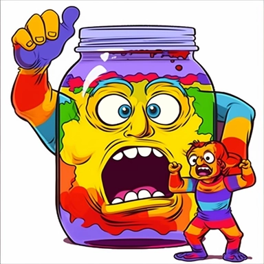 Scared man stuck on the jar of koolaid man, reaching his hand outside the jar for help, rainbow colors, help me, another dimension, shocked, scared, psychedelic, vibrant rainbow color, vector, tshirt design, blank white background, vector clipart, highly detailed, cartoon, scifi, trippy, rick and morty