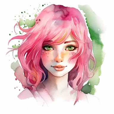 watercolor clipart of a girl with pink hair , green eyes, she is the catalyst for her group shared common dreams, binding the girls together. She is direct, occasionally sharp-tongued, and highly empathetic. With a heart full of compassion, she never hesitates to lend a helping hand to anyone in need. She`s dedication to their craft is unparalleled, make her smiling, exalted mood, white background, sarah kay and holly hobbies artwork style, 8k, f1