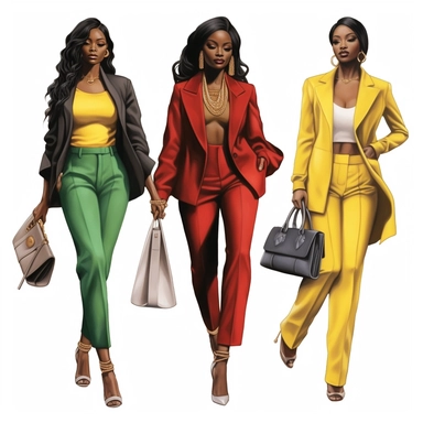 Beautiful african american women, clipart, juneteen red, yellow, and dark green fashion, full body, purse, heels, pants, jacket, shirt, handbag, boss