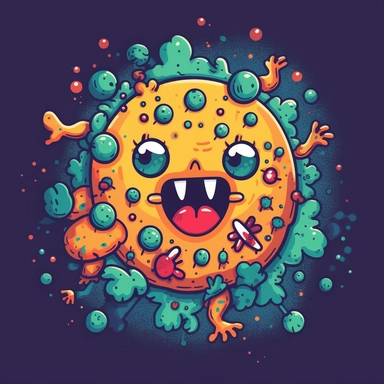 A colorful and playful vector illustration of a virus with a friendly expression, surrounded by tiny heart-shaped particles. The style is cartoonish and whimsical, invoking a sense of fun and lightheartedness. The mood is optimistic and cheerful, suggesting that the virus can be tamed or even conquered with the right approach. The lighting style is soft and diffused, giving a sense of warmth and comfort. Created by Artista, Clipart graphic, sticker, vector, svg, solid white background