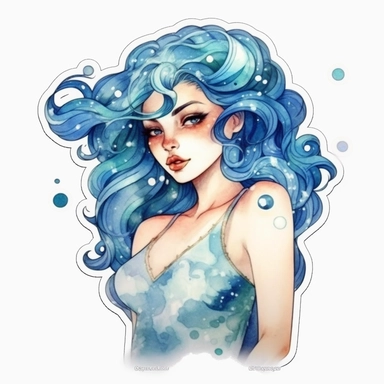 Aquarius zodiac sign as fantasy cute beautiful lady, Horoscope, Astrology, Watercolor Aquarius Zodiac Sign Clipart sticker design, 8k, detailed white background, uplighted