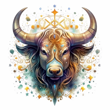 mystical astrological Taurus zodiac sign, fantasy, fairytale, storybook, clipart, digital painting, light ink, very detailed, very realistic, white background, bright mood, 4k quality