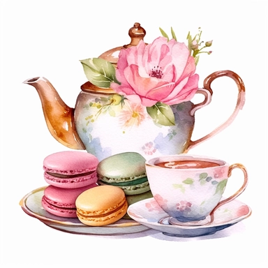 Clipart of set of teapot and cup set in the style of light gold and pink ,decorate with flower serving flowering tea, with a plate of macarons, Watercolor, pastels, clipart, beautiful, colourfull, png transparent white background, high resolution, watercolour, 8k, hyper-realistic, isolated on a white background. q4 s2.