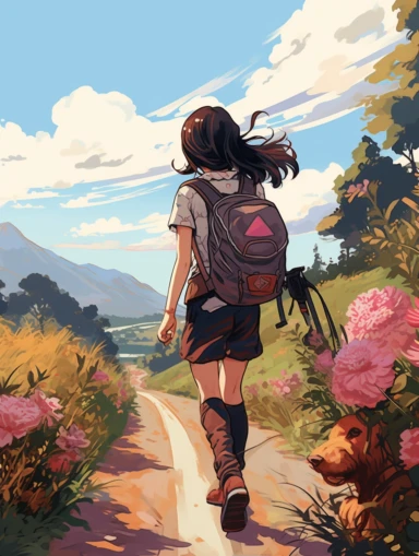Manga clipart a young woman walking down a country road carrying a bouquet, in the style of webcam photography, flowerpunk, cluj school, trashcore, indigenous culture, captures the essence of nature, wildstyle