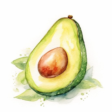 Watercolor clipart of Avocado in the style of ethereal watercolor washes, strong watercolor paper texture,intuitive ink washes , multi-layered, lith printing, havencore, texture-based, isolated on white background
