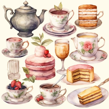 Watercolor vintage tea party items, illustrations clipart set, simple, soft colors, cartoon elements, different variants, teapot, sugar bowl, bun, jug of milk, cake stand, scones, china cup and saucer, , napkin, clotted cream, , knife, fork, jam, slice of cake on plate, tea cups, stacked teacups, lemondish, butter and bisciuits, , tea jars, , separate elements with a margin