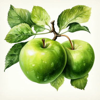 Watercolor green apple hanging from a tree clipart, white background, realistic with high details, beautifully colored with strong palette pastel colors, 32k hd