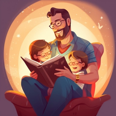 Storytime with Dad: Create a clip art image of a dad sitting on a chair or a bed, reading a book to his children. Capture the warmth and nurturing aspect of fatherhood, emphasizing the importance of storytelling and quality time spent together.